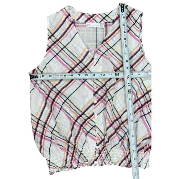 Rafaella Size MP Womens Plaid Button-Up Sleeveless Top With Smocked Hem - Picture 6 of 7